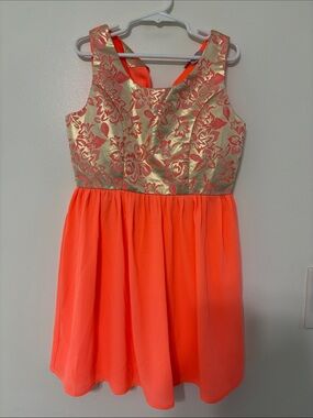 Jolt Coral and Gold Floral Brocade Party Dress